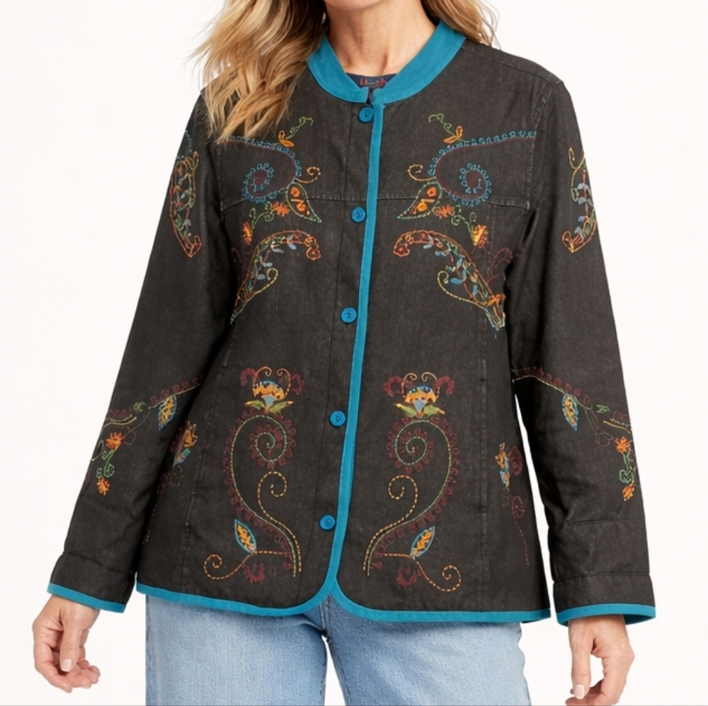 Denim & Co Floral Paisley Embroidered Artisian Inspire Vtg Jean Jacket Lge Boho